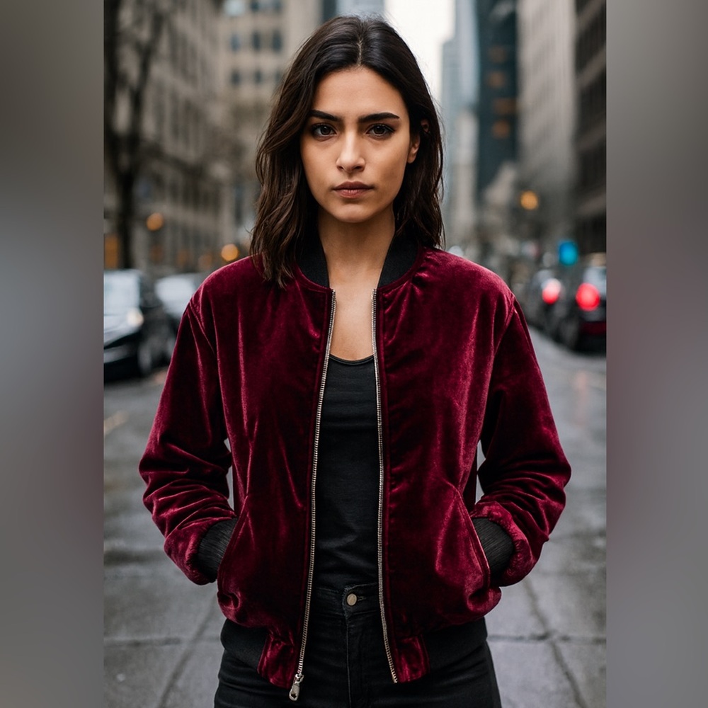 Adam Levine Collection Burgundy Velvet Bomber Jacket Girls Plush Luxe Zip Up L